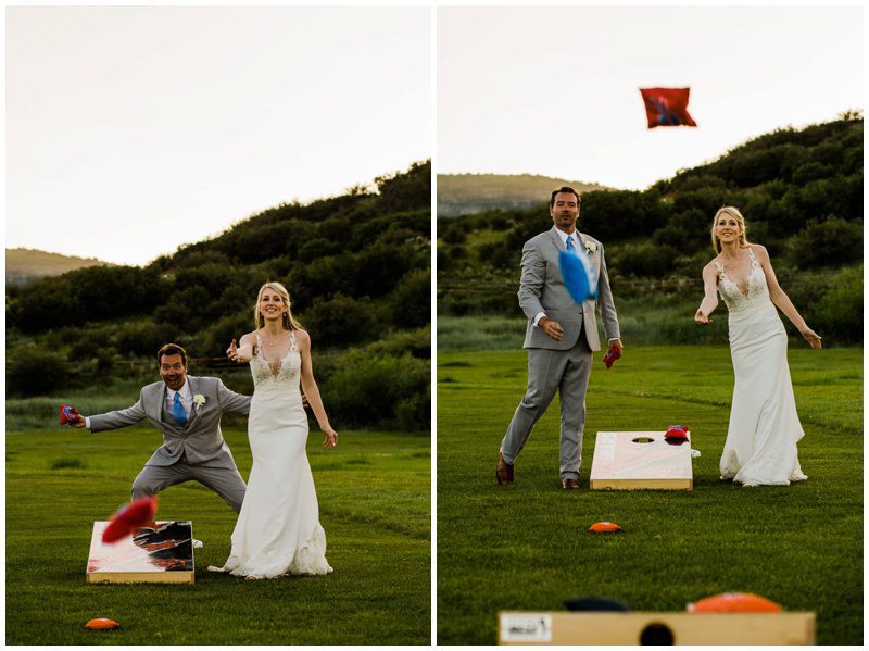Picture of Bride and Groom playing cornhole at wedding