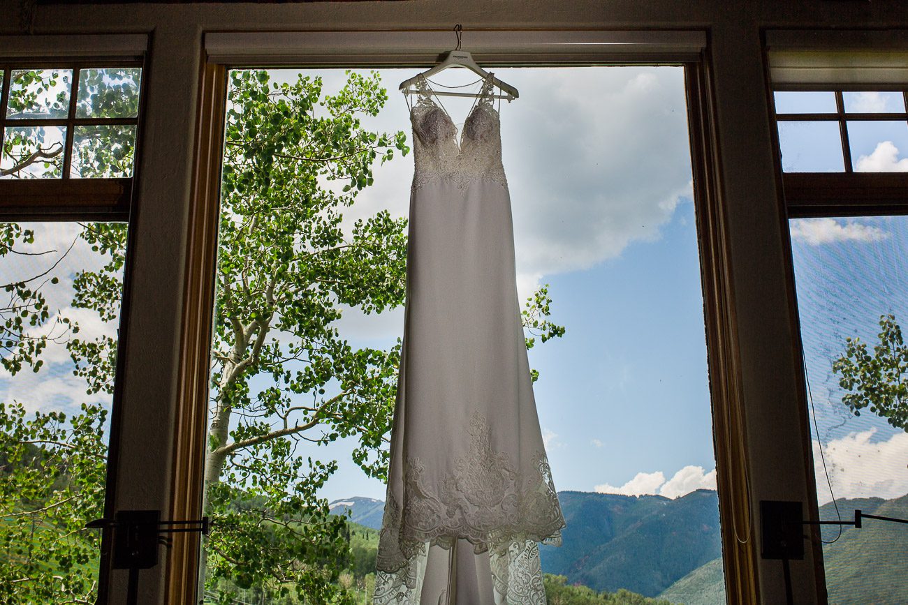 Wedding Dress hanging in window