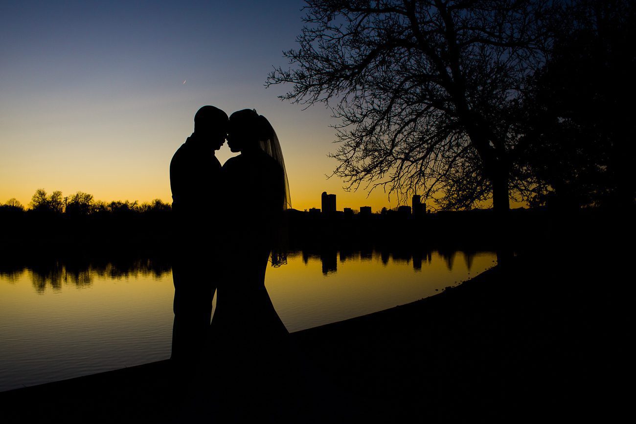 sunset wedding picture at city park