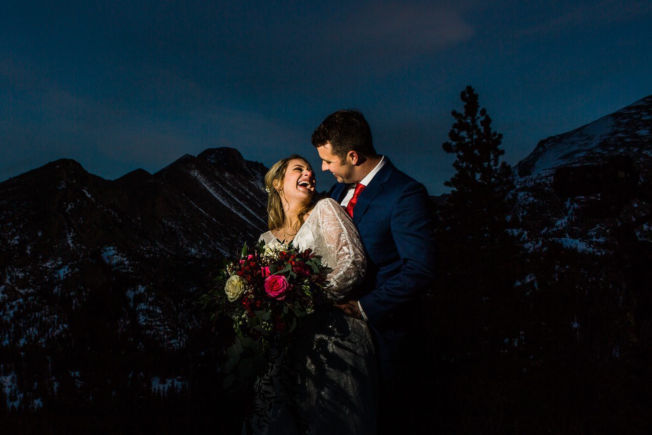 Sunset wedding photo at Dream Lake RMNP Colorado 