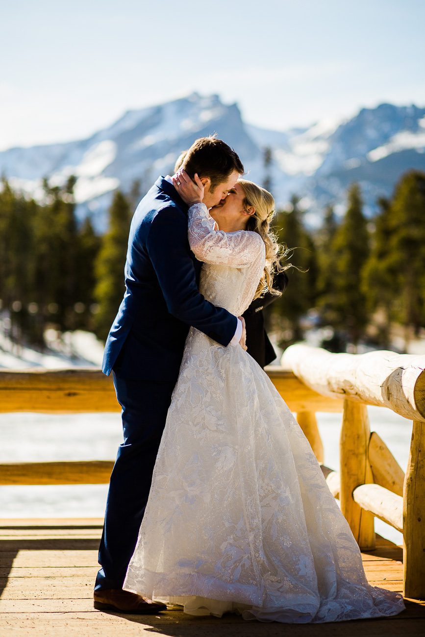 First kiss at Sprague Lake Wedding Colorado