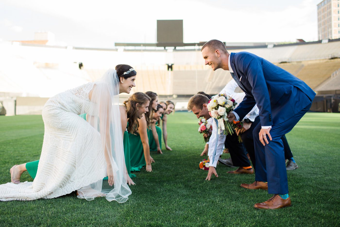 Fun football field wedding photos