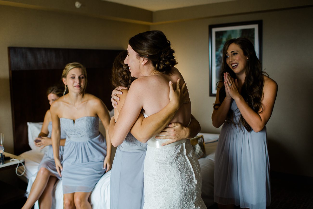 First look with bridesmaids at wedding