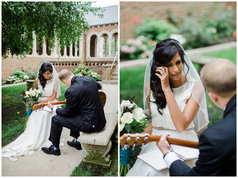 Groom playing guitar for bride on wedding day