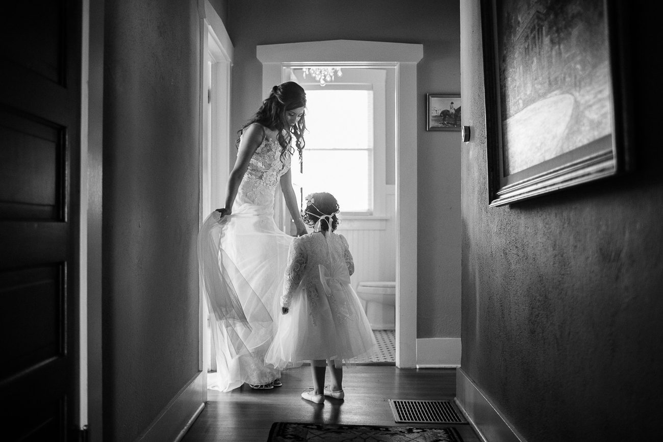Bride and flower girl getting ready