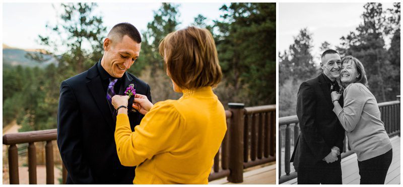 Mother of groom putting on boutonniere 