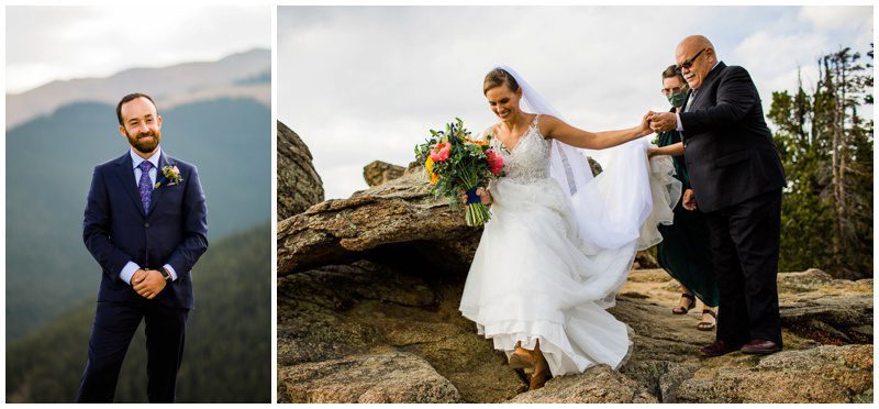 Bride walking down the aisle in the mountains
