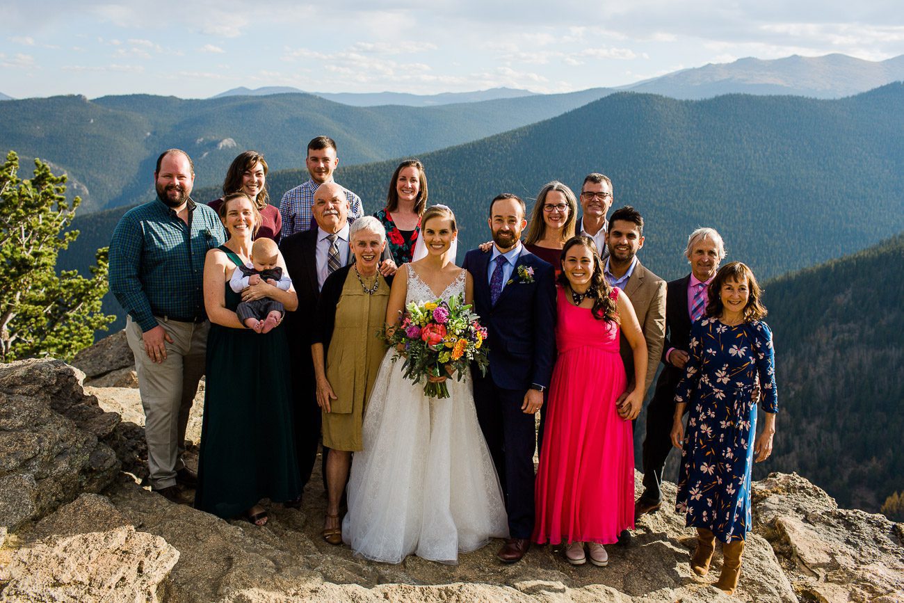 Large group family photo at Colorado wedding