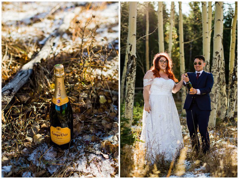 fun elopement ideas, popping champagne at elopement