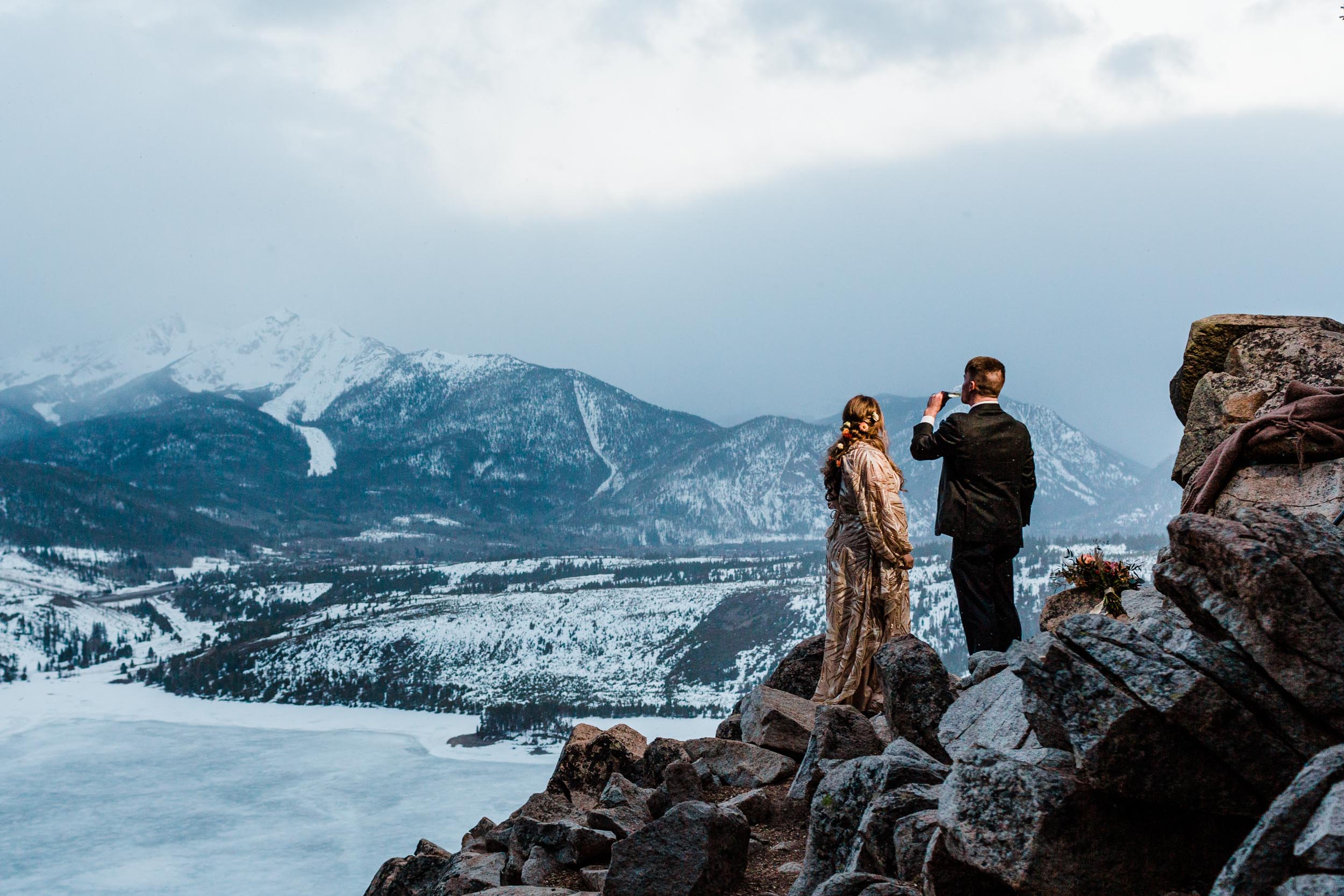 Sapphire Point elopement drinking champagne
