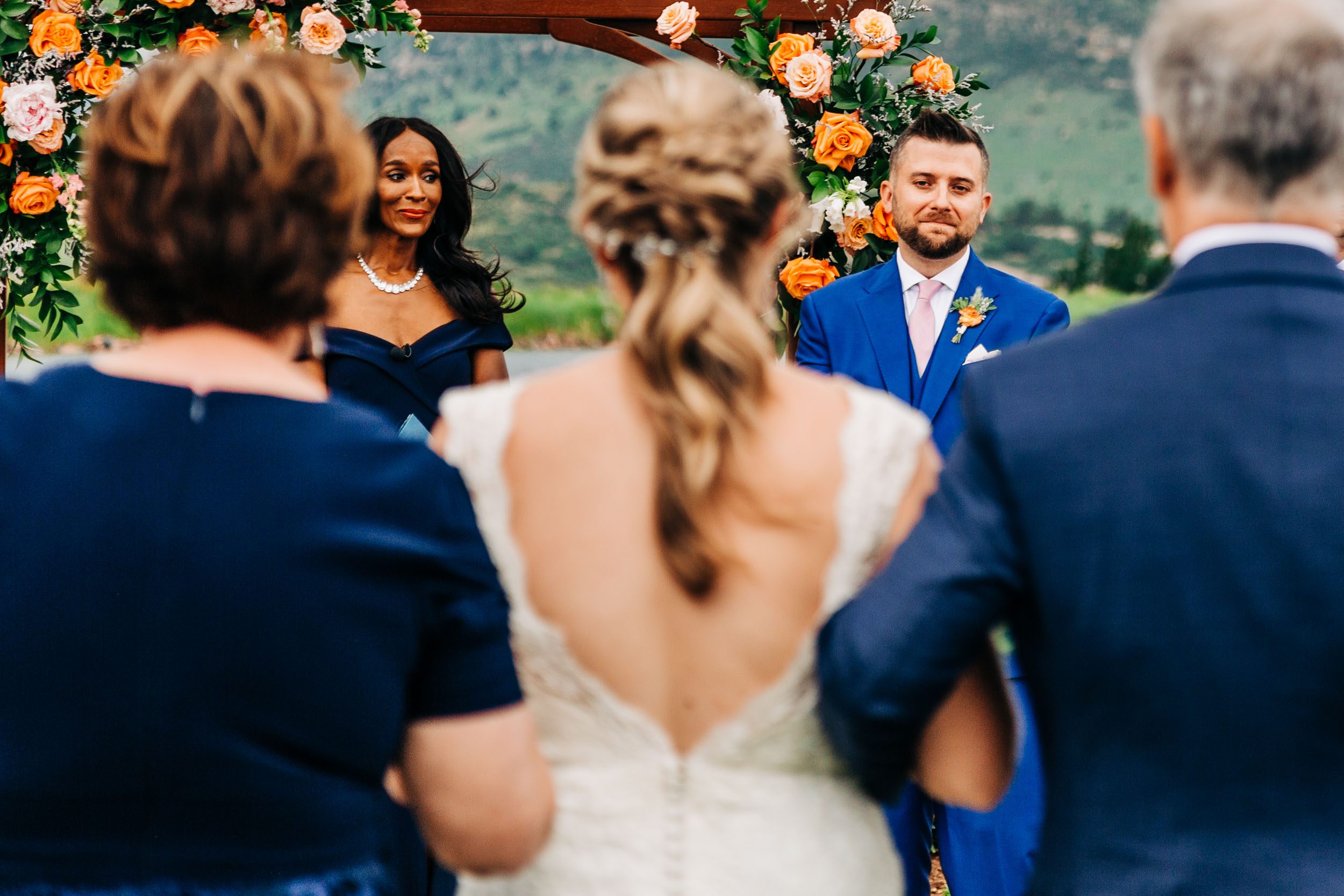 groom watching bride walk down aisle by Shea McGrath Photography Denver Colorado Wedding Photographer