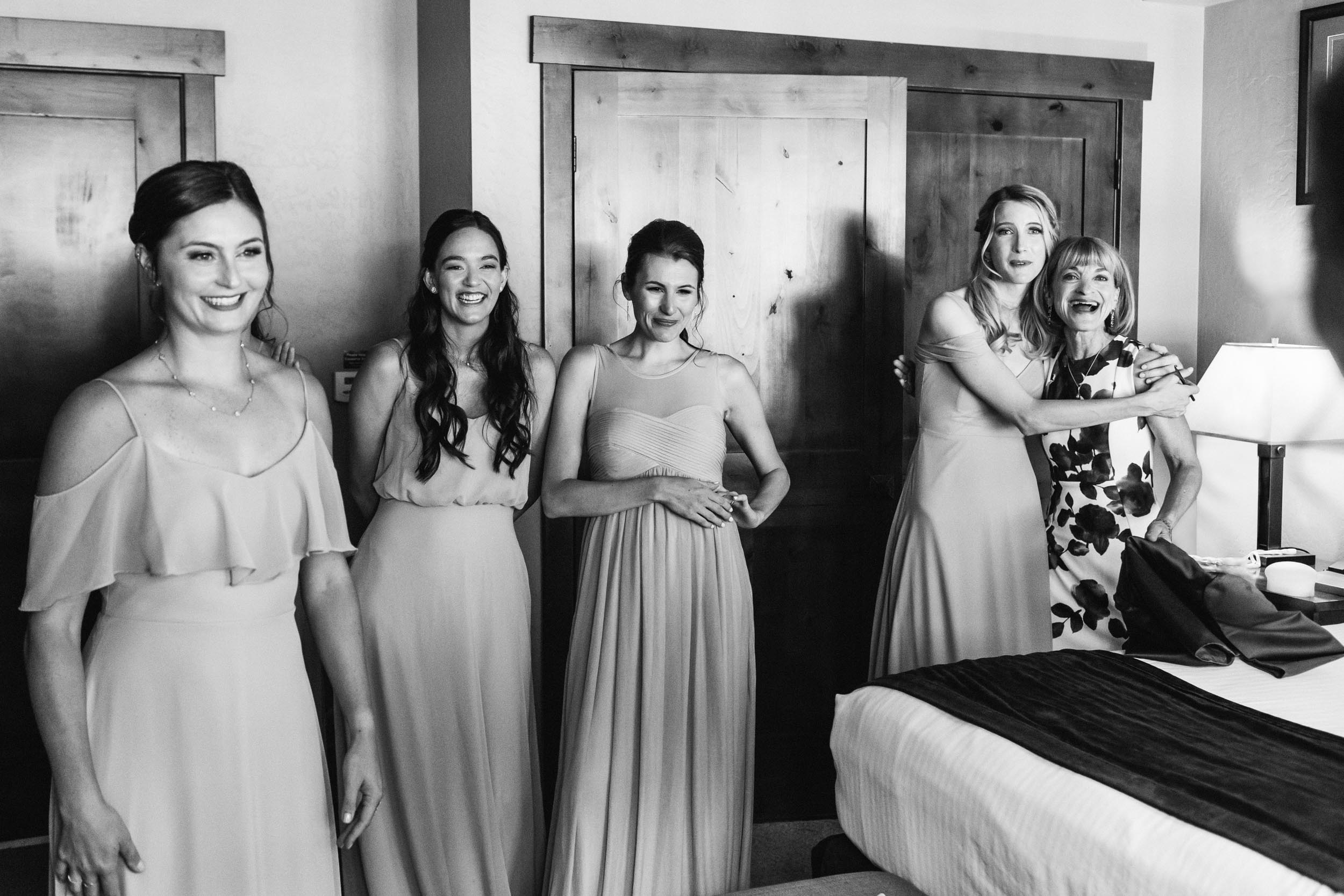 First look with bridesmaids in Durango Colorado