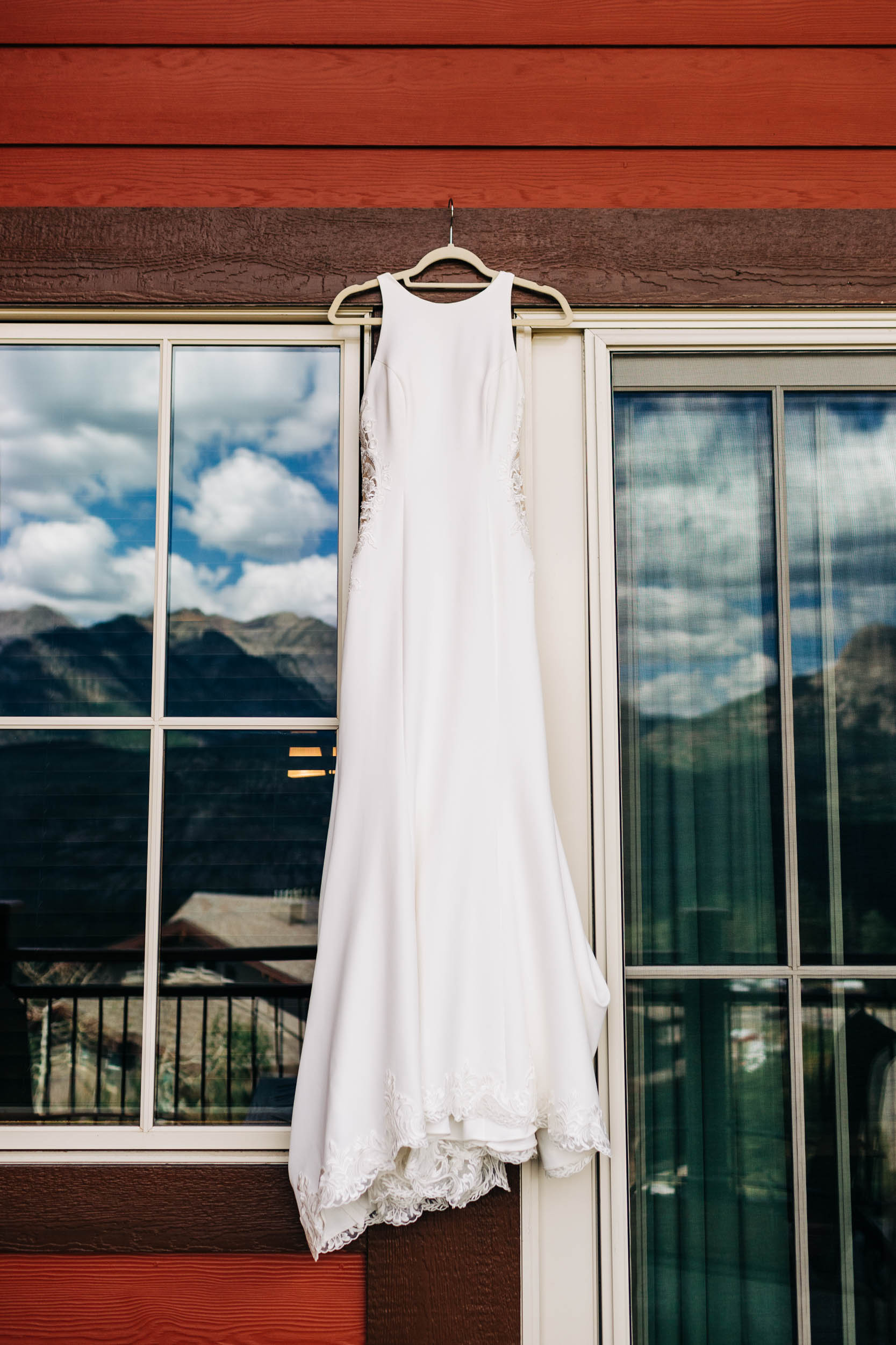 Wedding dress hanging in Durango Colorado