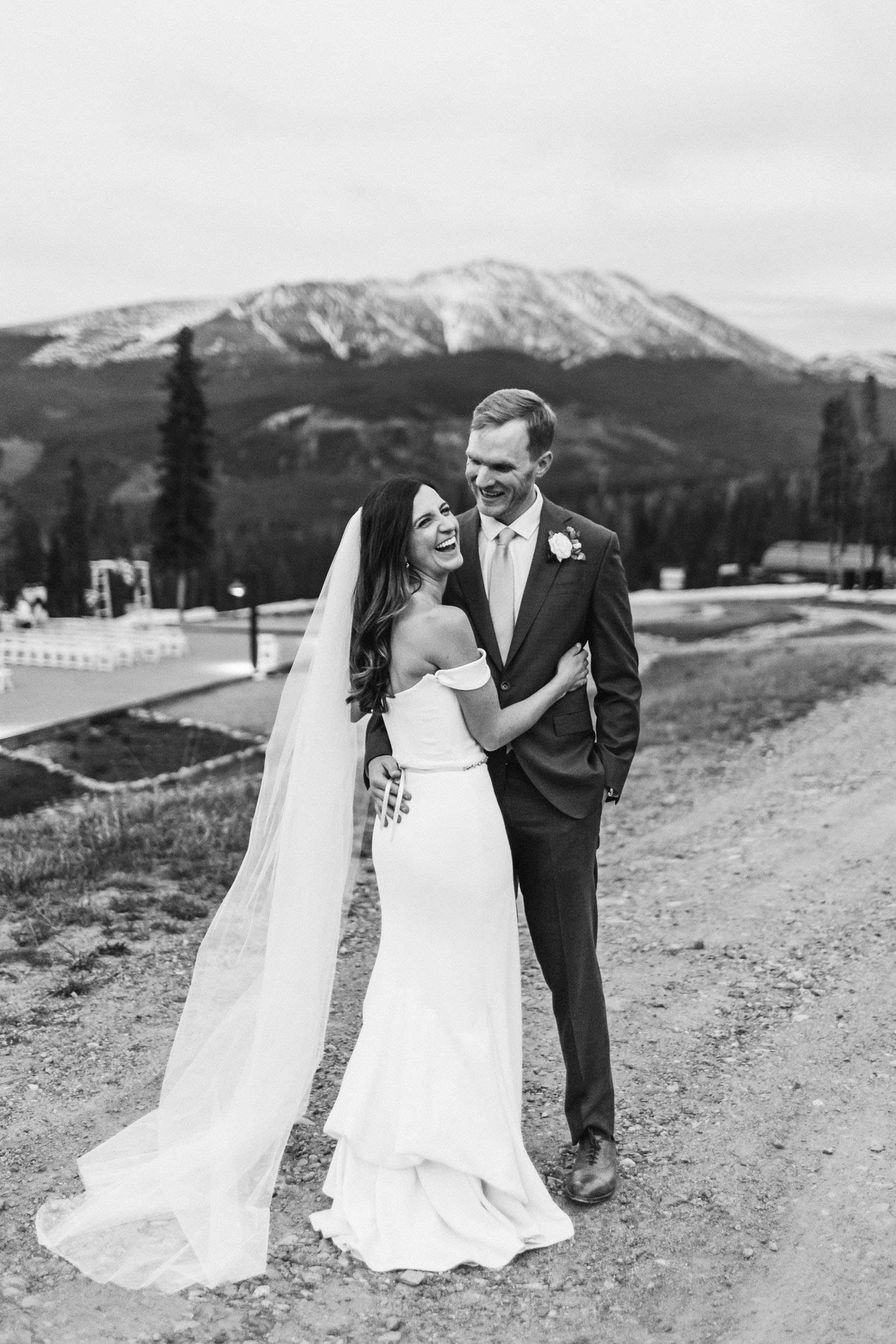 black and white wedding photo at Ten Mile Station in Breckenridge Colorado