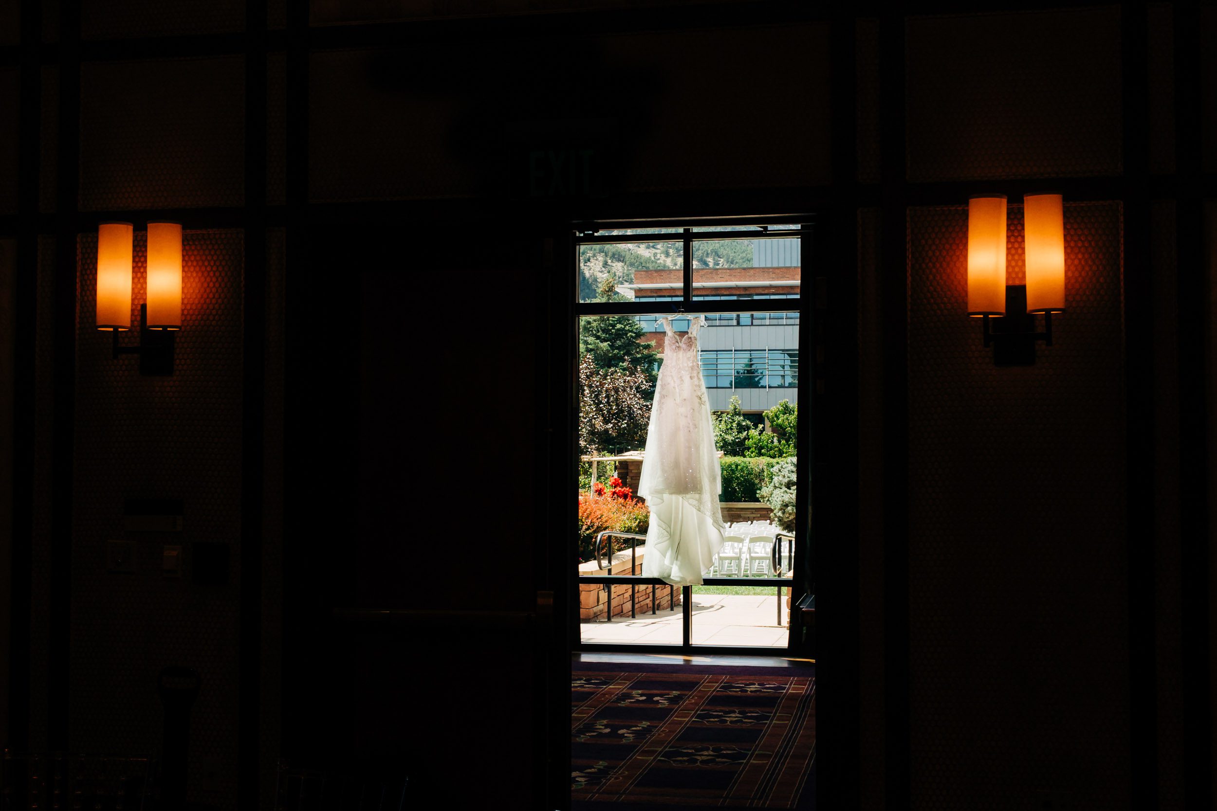 Wedding dress hung at St Julien Hotel