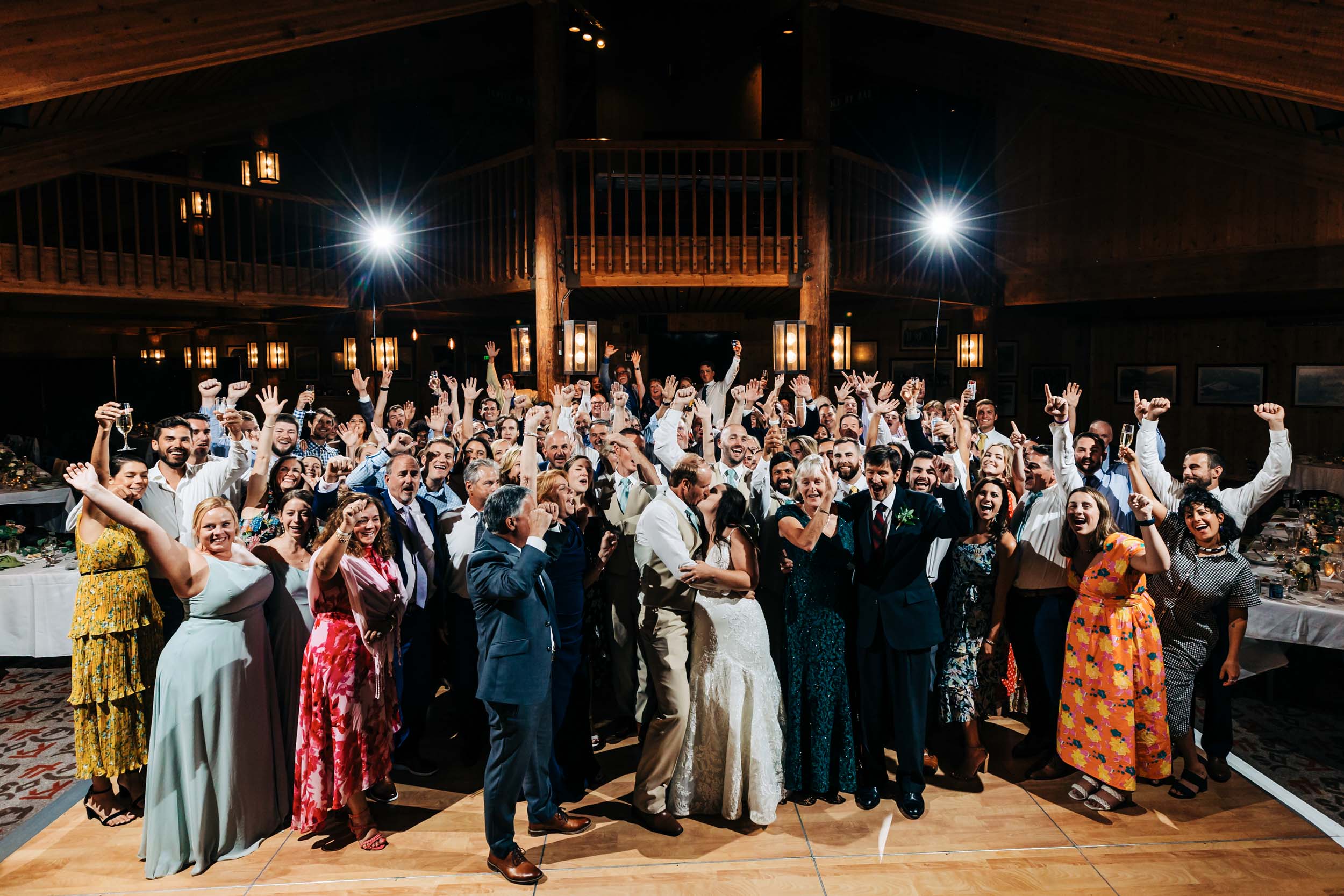 spruce saddle lodge wedding reception group photo